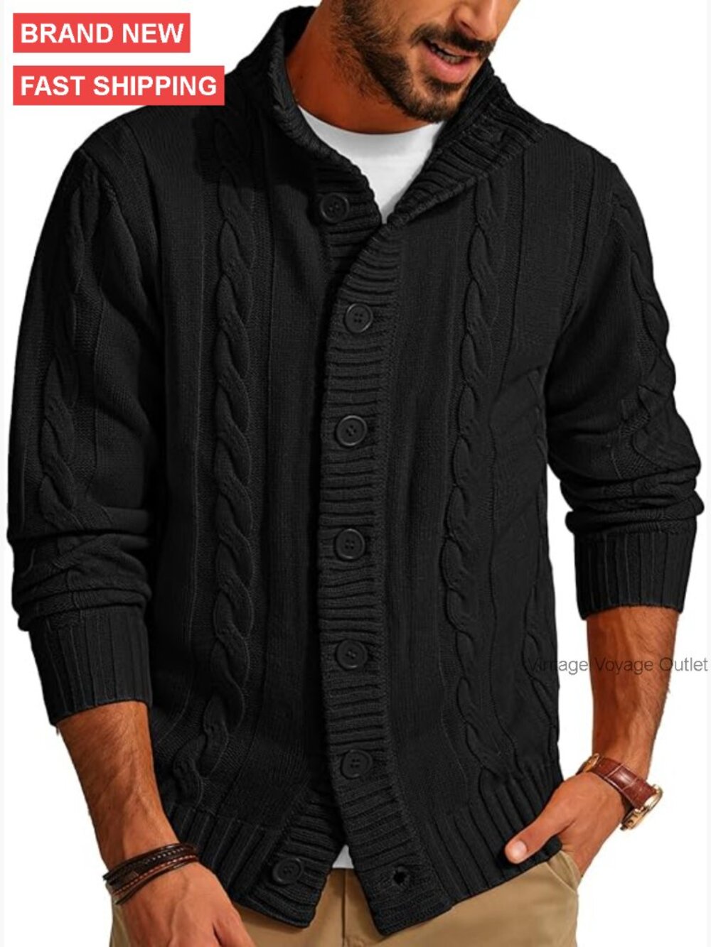 Men's Cable Knit Cardigan Sweater Stand Collar Long Sleeve Button Down
